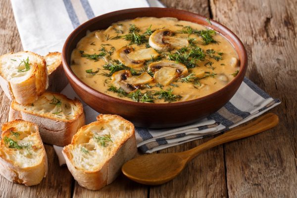 Hungarian delicious thick mushroom soup with fresh dill in a bowl and toast close-up. horizontal
