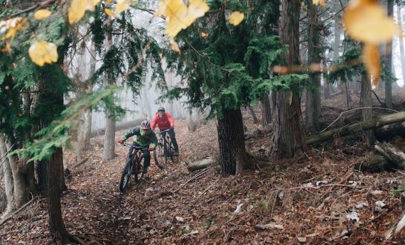 Two men riding mountain bikes in the Minami Alps of Japan on Specialized bikes