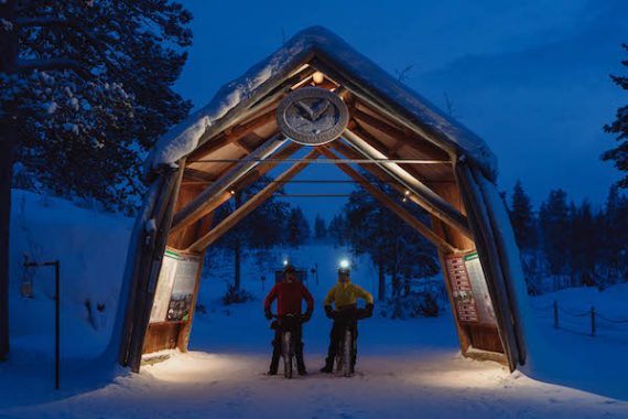 Two cyclists with their bikepacking gear in Finland