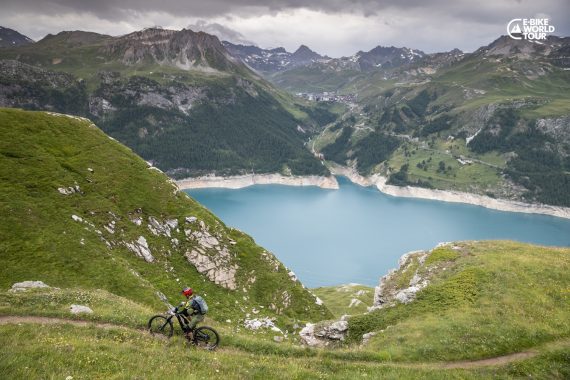 Man riding his E-mountain bike around Mont-Blanc