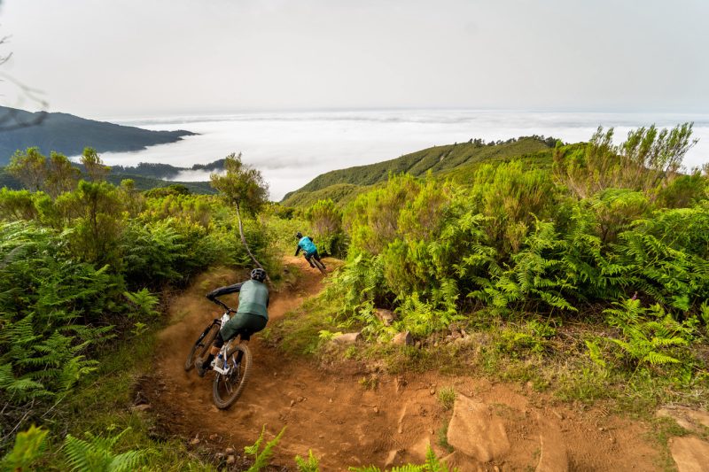 Mountain bikers mountain riding singletrack in Madeira