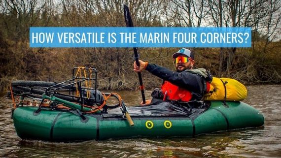 Man paddling his raft with his Marin Four Corners and gear.