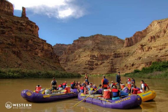 A large group rafting Utah's Desolate Canyon with Western River Expeditions