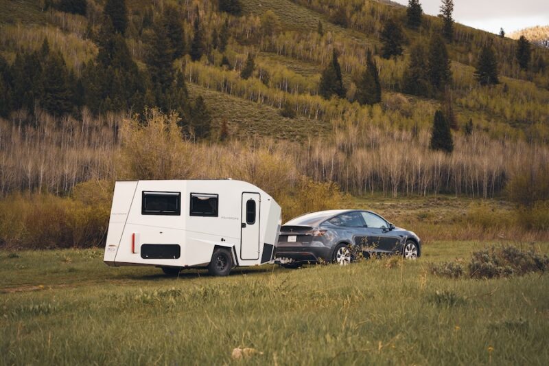 Polydrops P21 trailer being towed by a Tesla SUV