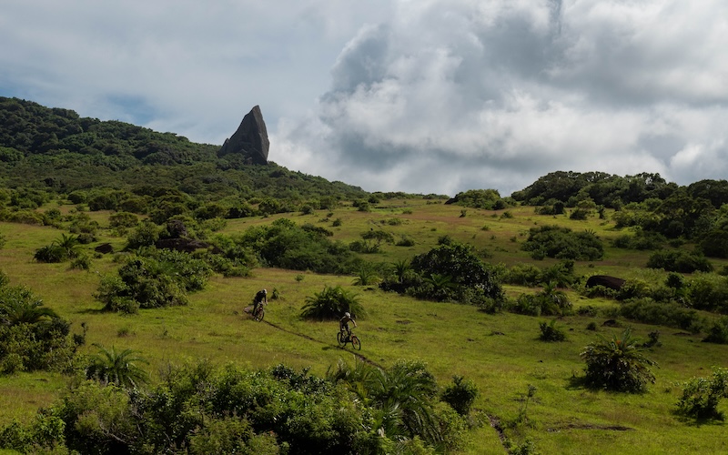 Two mountain bikers riding Taiwan's lush mountain terrain